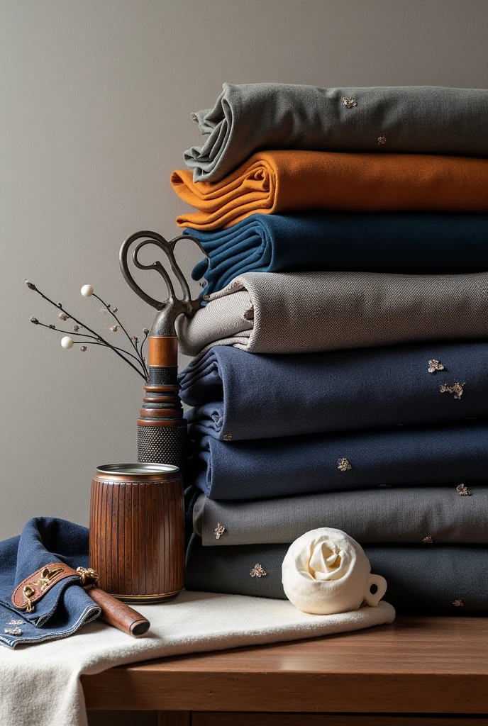 Tela and accessories**: An image showing a variety of fabrics (work, today, Cotton) and accessories (ties, handkerchiefs, buttons) artistically arranged, highlighting the wealth of options in tailoring.