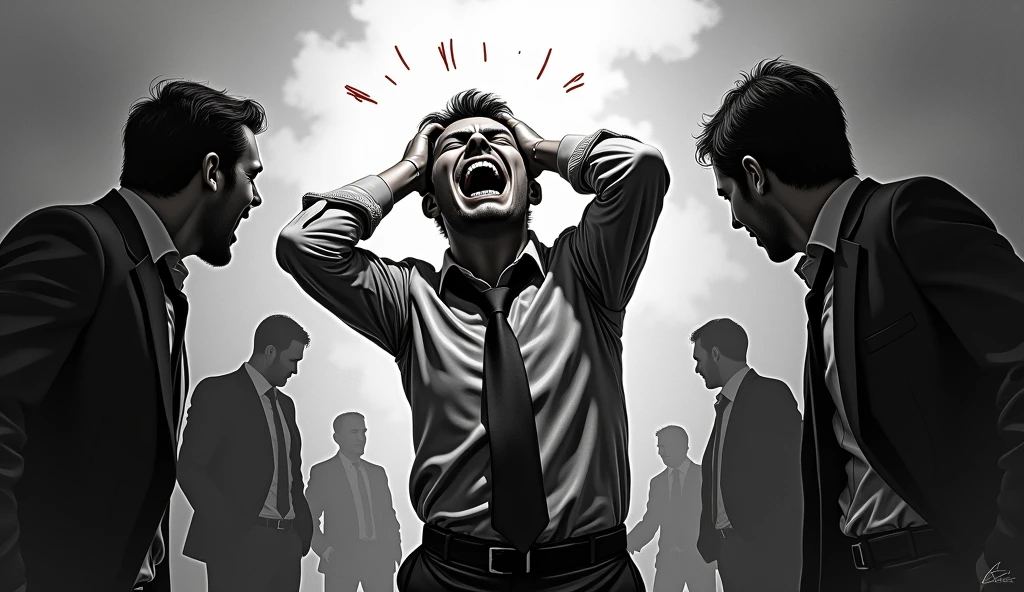 { "prompt": "A powerful thumbnail. The image must be realistic and illustrative, mainly in black and white. Show a person in an underemployed work uniform screaming with his hands on his head, he is pulling his hair, as if in despair because he cannot bear more pressure from work, The face with expression showing exhaustion, your boss and clients are pressing you around The entire image should be in black and white, but the main point of being highlighted in vibrant colors to draw attention to the. central theme.” "settings": { "style": "realistic and illustrative", "lighting": "high contrast", "detail_level": "high", "color_scheme": "black and white with bright color focal point", "emphasis": "social media icons and the person's expression", "size": "1280x720" } }