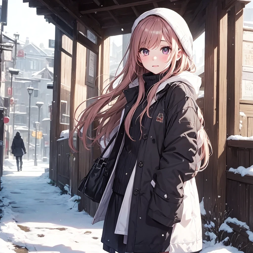 masterpiece, Highest quality, (Beautiful girl :1.2), Winter clothes, coat, Heavy snow day, Give me a hug, Breath、Walking with your boyfriend、coatに首をすくめる、Full of happiness
