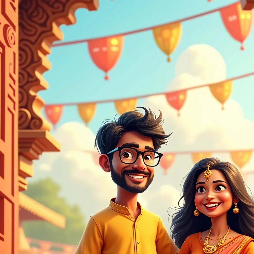 3d modelling), Bengali father wearing Panjabi kurta & spects on his eyes with his beautiful Bengali wife wearing saree, with their children at Durga puja festival enjoying (bengali Durga festival)