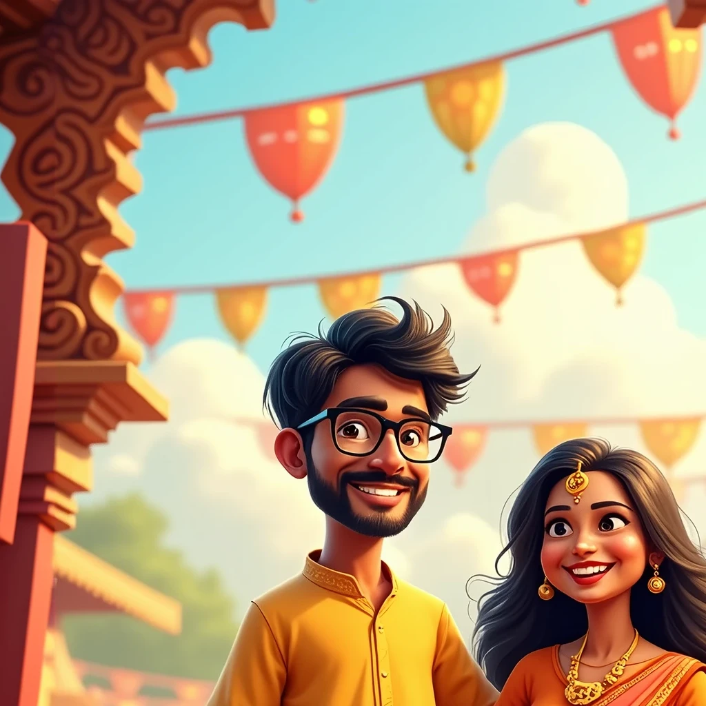 3d modelling), Bengali father wearing Panjabi kurta & spects on his eyes with his beautiful Bengali wife wearing saree, with their children at Durga puja festival enjoying (bengali Durga festival)