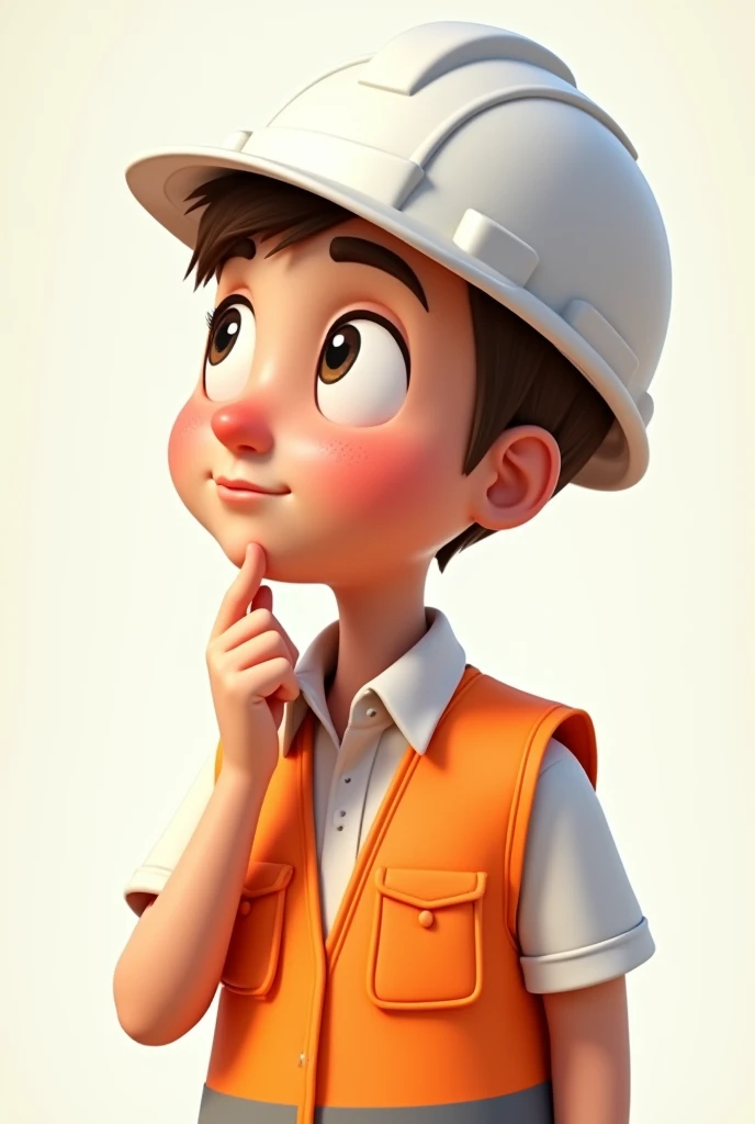 Cartoon of engineer in white helmet with orange safety vest and white shirt, Thinking