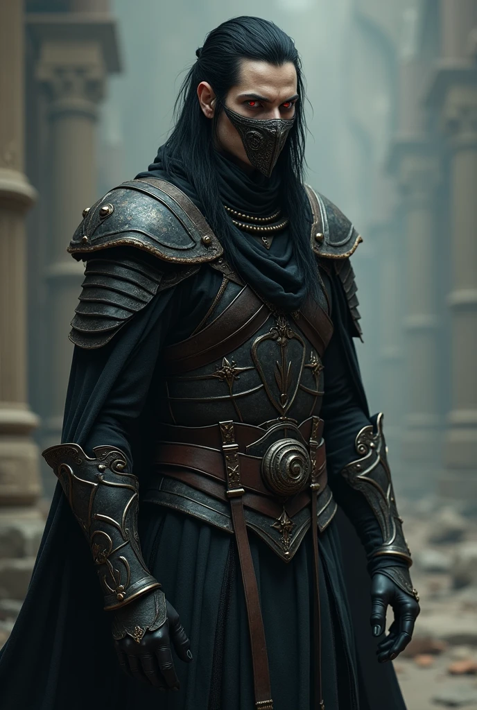 Physical Features: Draleth is a tall and lithe Dunmer with ash-gray skin and piercing red eyes that seem to burn with a cold fire. His hair is black, worn long and often tied back, and his face bears the sharp, angular features common among his race. His expression is one of quiet intensity, always calculating, always prepared to strike.
Clothing: Wears a mix of Ancient Shrouded Armor and Dark Brotherhood Armor, favoring dark colors that blend with the shadows. His armor is reinforced with darkened steel, designed for both mobility and protection. He often wears a Mask of Boethiah (enchanted with Fortify Stamina or One-Handed), a gift from the Daedric Prince, symbolizing his devotion and ruthlessness.