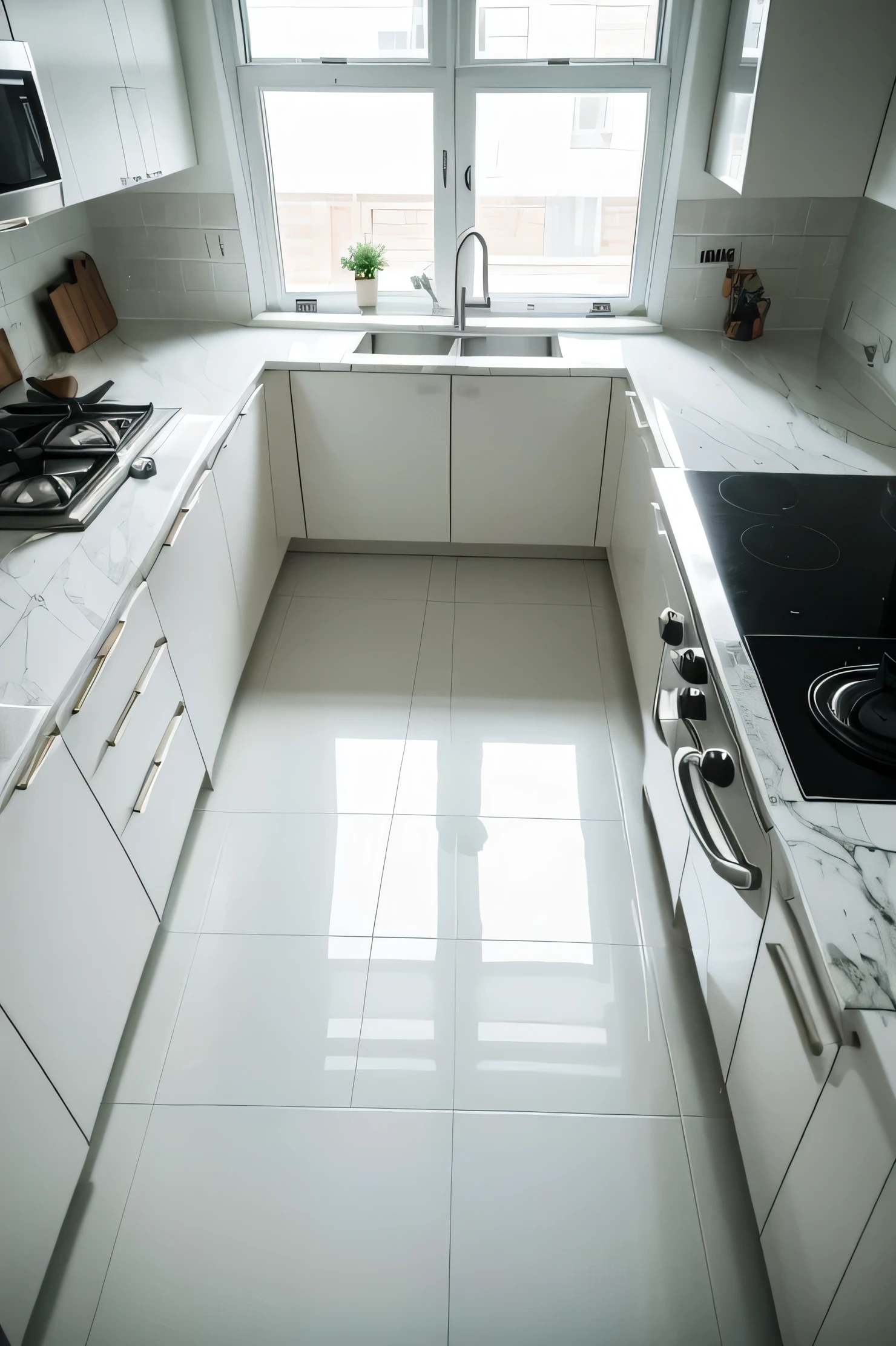 interior photography, 4k, view from above up close of a modern kitchen, smooth white floor 