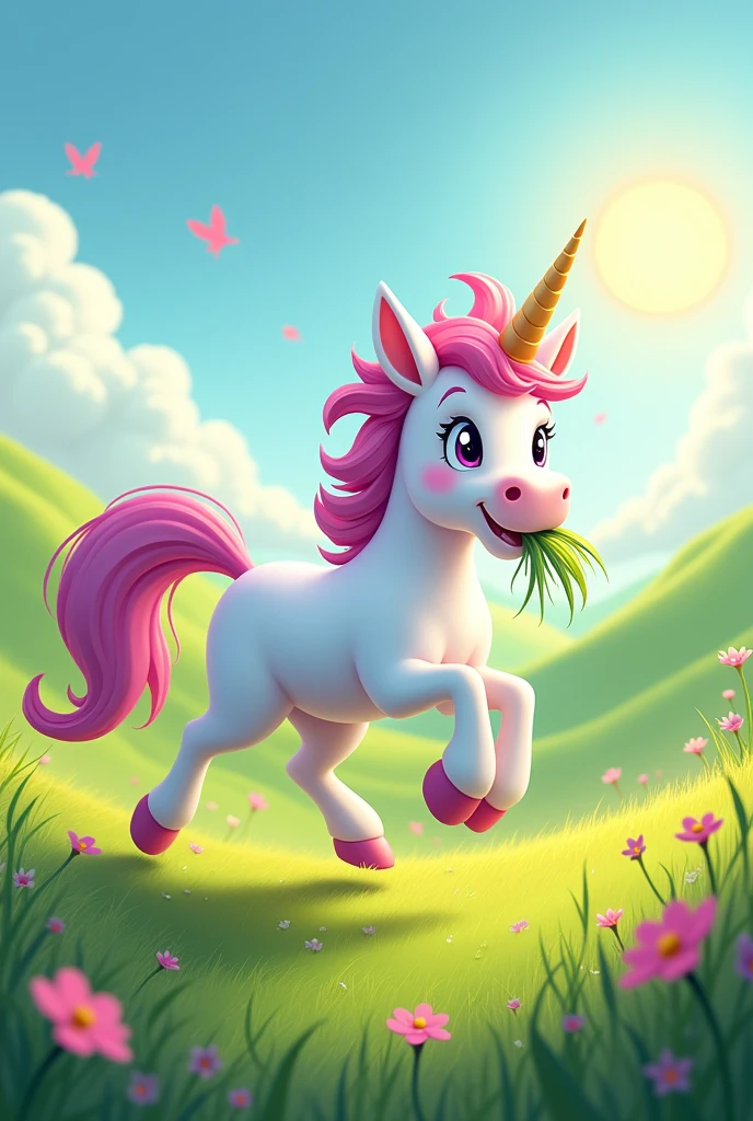 Unicorn galloping with grass in its mouth cartoon 