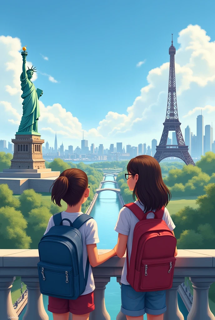 The country of the USA in the background with the Statue of Liberty and next to it the country of France in the background with the Eiffel Tower, 2 students with backpack happily admiring.