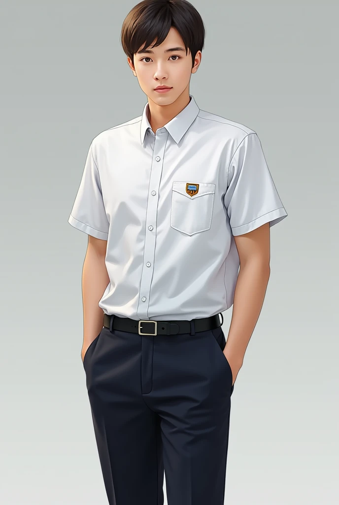 The male student uniform for Chonlathornwitthaya High School may look like this::

**shirt:**
- shirtเชิ้ตสีขาวแขนสั้น คอปก เนื้อผ้าโปร่งสบายเหมาะสำหรับสภาพอากาศร้อน
- กระดุมสีขาวเรียงตามแนวกลางshirt
- มีกระเป๋าshirtที่หน้าอกด้านซ้าย โดยอาจมีตราสัญลักษณ์โรงเรียนปักอยู่ที่กระเป๋า

**trousers:**
- trousersนักเรียนสีดำหรือสีน้ำเงินเข้ม ความยาวปกติคลุมถึงข้อเท้า ทรงกระบอกหรือทรงขาเล็กขึ้นอยู่กับมาตรฐานของโรงเรียน
- มีเข็มขัดหนังสีดำหรือสีน้ำเงินเข้มพร้อมหัวเข็มขัดที่มีตราสัญลักษณ์โรงเรียน

**shoe:**
- shoeนักเรียนสีดำ ทรงเรียบง่ายแบบผูกเชือก
- ถุงเท้าสีขาวยาวถึงข้อเท้า

**decorations:**
- เข็มกลัดตราสัญลักษณ์โรงเรียนติดที่คอshirt
- นักเรียนชายอาจต้องสวมเนคไทสีประจำโรงเรียนในวันที่มีพิธีการหรือวันสำคัญ

**Hair style:**
- Hair styleต้องเรียบร้อย ไม่ยาวเกินไป และห้ามทำสีที่ไม่เป็นธรรมชาติ

เครื่องแบบนักเรียนชายนี้ออกแบบมาให้ดูเรียบร้อย สะอาดตา และสะท้อนถึงความเป็นระเบียบเรียบร้อยของนักเรียนชายในโรงเรียนค่ะ