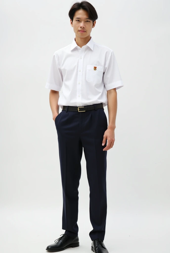The male student uniform for Chonlathornwitthaya High School may look like this::

**shirt:**
- shirtเชิ้ตสีขาวแขนสั้น คอปก เนื้อผ้าโปร่งสบายเหมาะสำหรับสภาพอากาศร้อน
- กระดุมสีขาวเรียงตามแนวกลางshirt
- มีกระเป๋าshirtที่หน้าอกด้านซ้าย โดยอาจมีตราสัญลักษณ์โรงเรียนปักอยู่ที่กระเป๋า

**trousers:**
- trousersนักเรียนสีดำหรือสีน้ำเงินเข้ม ความยาวปกติคลุมถึงข้อเท้า ทรงกระบอกหรือทรงขาเล็กขึ้นอยู่กับมาตรฐานของโรงเรียน
- มีเข็มขัดหนังสีดำหรือสีน้ำเงินเข้มพร้อมหัวเข็มขัดที่มีตราสัญลักษณ์โรงเรียน

**shoe:**
- shoeนักเรียนสีดำ ทรงเรียบง่ายแบบผูกเชือก
- ถุงเท้าสีขาวยาวถึงข้อเท้า

**decorations:**
- เข็มกลัดตราสัญลักษณ์โรงเรียนติดที่คอshirt
- นักเรียนชายอาจต้องสวมเนคไทสีประจำโรงเรียนในวันที่มีพิธีการหรือวันสำคัญ

**Hair style:**
- Hair styleต้องเรียบร้อย ไม่ยาวเกินไป และห้ามทำสีที่ไม่เป็นธรรมชาติ

เครื่องแบบนักเรียนชายนี้ออกแบบมาให้ดูเรียบร้อย สะอาดตา และสะท้อนถึงความเป็นระเบียบเรียบร้อยของนักเรียนชายในโรงเรียนค่ะ