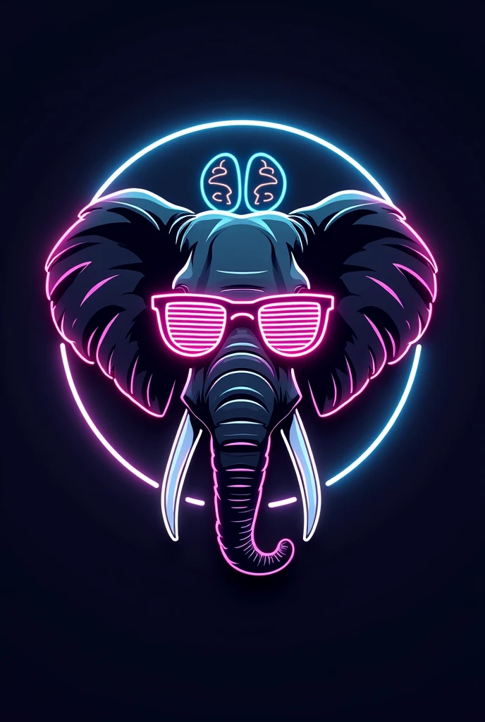 A minimalistic neon-style emblem featuring the head of an elephant wearing 90s-00s fashion glasses. The elephant's head is surrounded by simple human brain icons, with neon lines connecting them to suggest a psychological theme. The design includes a few additional psychological symbols, such as a stylized neuron or a Rorschach inkblot. The overall design is an outline with plenty of open space for adding large text, set against a dark background for a vibrant, party-ready look