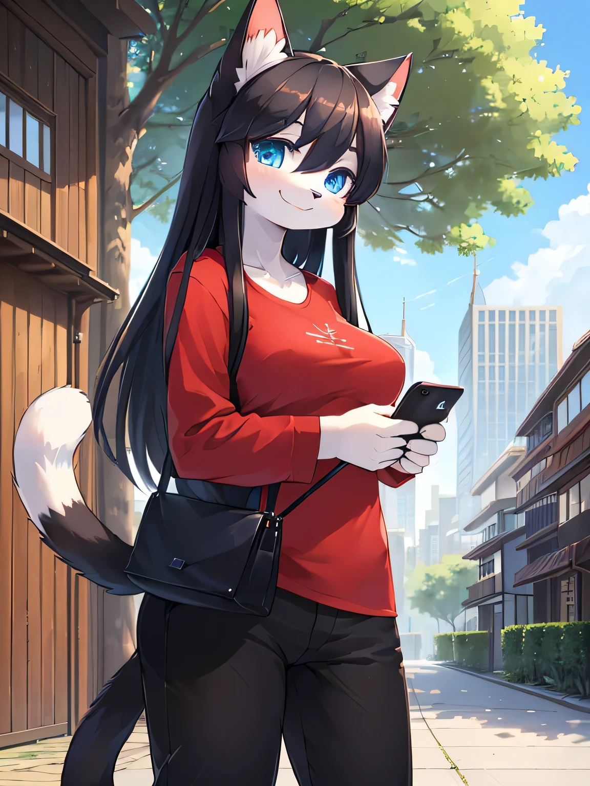 ((Kemono, solo, adult, female, cat, black hair, blue eyes, white fur color, long hair, wear red shirt, wear black pants, 1 tail, cat tail)), look at viewers, smile softly, holding bag, holding phone, standing, (modern house background, city far away, tree, daytime), face focus, head focus, high detail