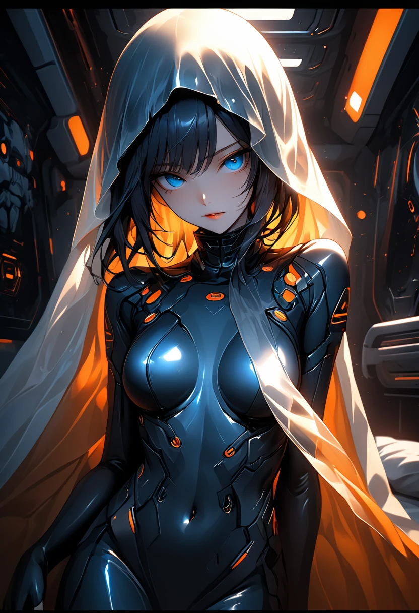 atmosfera sombria sexy In a futuristic space station bedroom, Asian samurai hair coque sexy face meiga agressiva tropa coronel take militar scurly moicano repicado hair cascading over shoulders, marron blue shark eyes sparkling with longing, quase nua e transparente tapa sex com um véu envergonhada figure partially veiled by a gleaming orange PVC bedsheet, gaze locked onto the camera lens, chiaroscuro effect, soft ambient lighting casting subtle highlights and shadows on the curves and fabric, creating an intimate yet tasteful portrayal, digital painting, high contrast, dynamic composition, octane rendering.