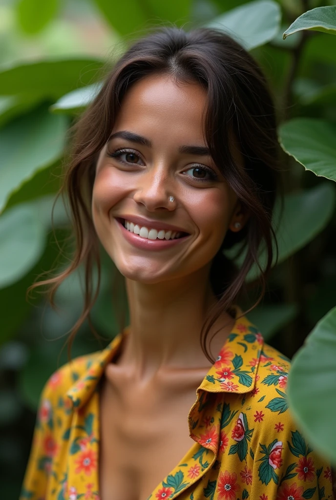 A Brazilian woman in a lush tropical garden, wearing an open shirt with a floral print, with a close-up capturing the harmonious beauty between her breasts and the natural flowers, showing off your natural charm and outgoing personality.
