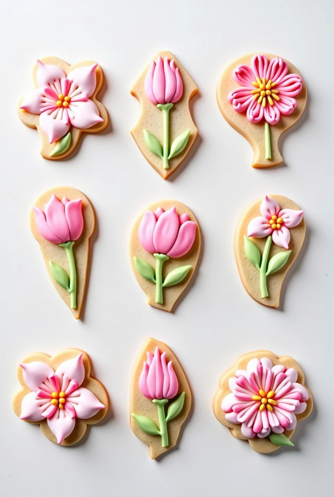 I want to make cute icing cookies.。Please design 8 pink floral designs.。