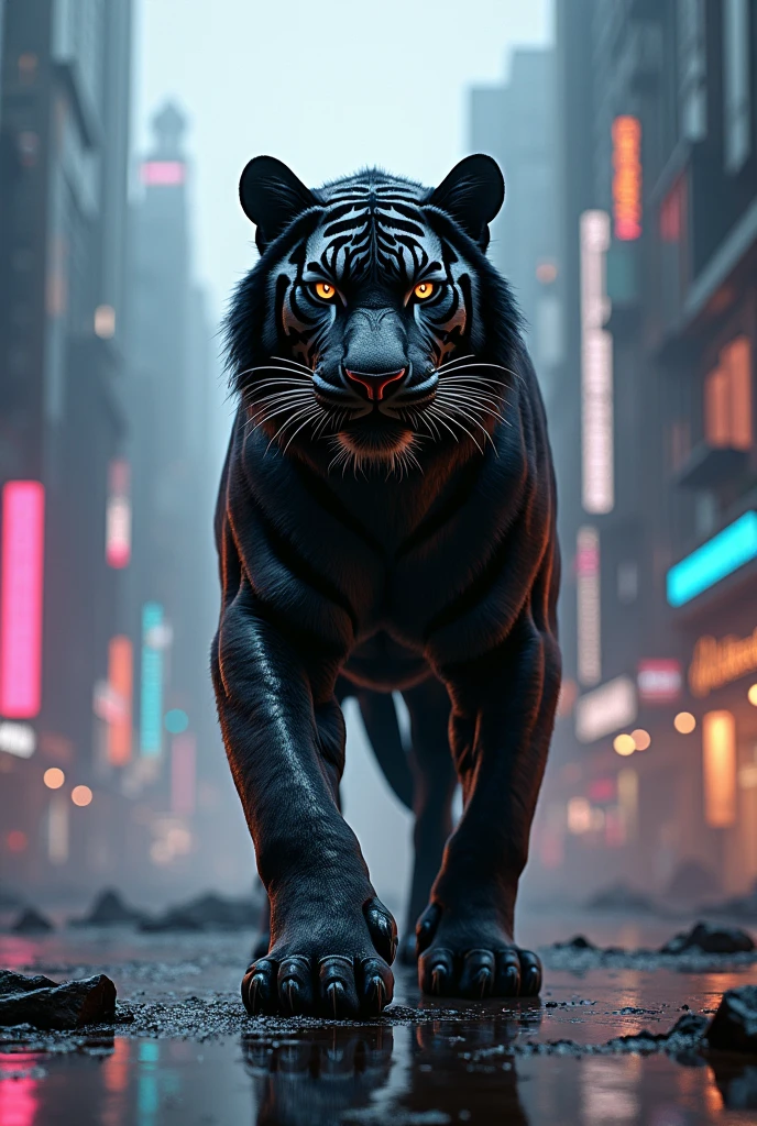 Black tiger stand in cyberpunk