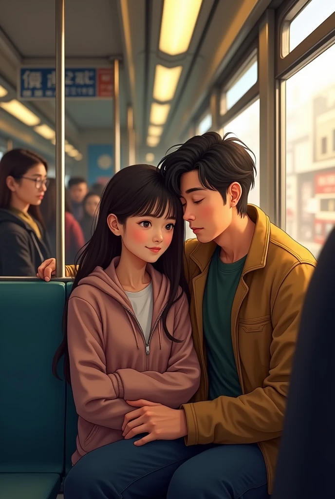 He sleep's on her shoulder Acidentally while travelling in local train she saw him gives a small smile."Realistic, intricate details, vibrant colours.