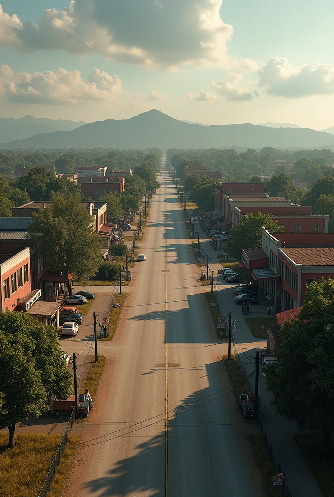 (photorealism:1.2), a town similar to Alexandria from The Walking Dead, surronded by a short wall made of scrapped metal. The town is big enough for 300 people to live in. Classic american town in the 2000´s