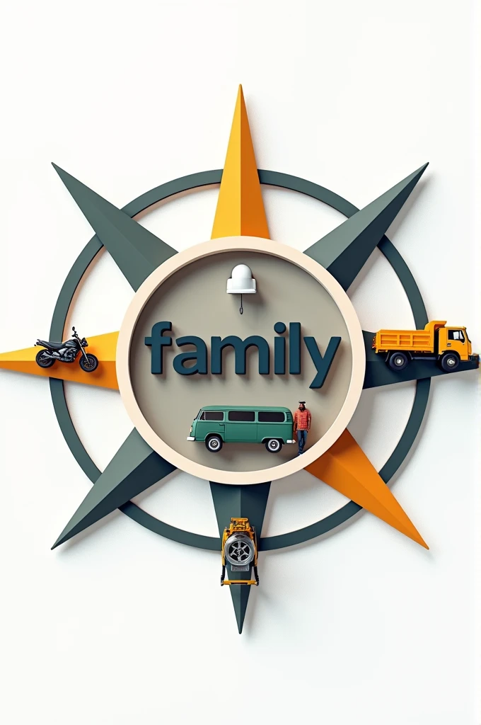 Compass rose, in the center the word family, to the north a motorcycle, to the south a mining helmet, To the east a Volkswagen combi and to the east a Ford pick up