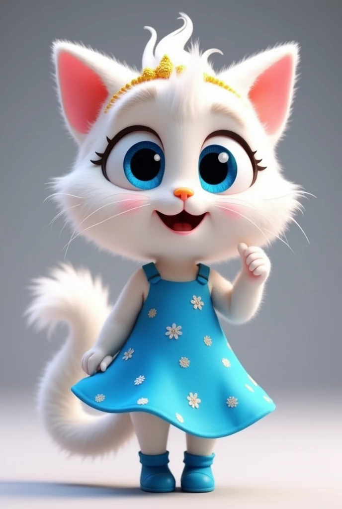 A C4D model, chibi-style, humanoid cat with fluffy white fur, inspired by Joy from Inside Out. The cat wears a bright blue dress with a cheerful, sparkly pattern. It has large, vibrant blue eyes, a small yellow nose, and a fluffy tail. The cat accessorizes with a golden headband and matching blue shoes, embodying Joy’s energetic and optimistic personality.
