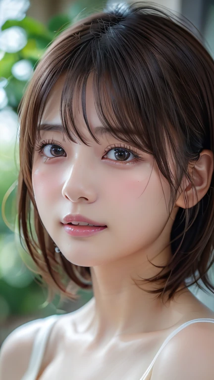 (8k, Photorealistic, RAW Photos, Best image quality: 1.4), Japanese schoolgirl、Short Bob、Super detailed face、Eye on the details、double eyelid、Sharp focus:1.2、Beautiful woman:1.4、Light brown hair、Highest quality、masterpiece、Ultra-high resolution、(Photorealistic:1.4)、Highly detailed and professionally lit smiles、(topless:1.3)、blush、Open your mouth a little、Tear bags、amount