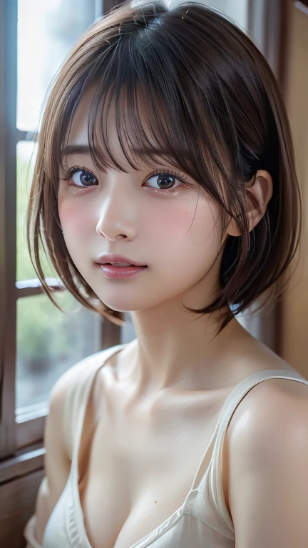 (8k, Photorealistic, RAW Photos, Best image quality: 1.4), Japanese schoolgirl、Short Bob、Super detailed face、Eye on the details、double eyelid、Sharp focus:1.2、Beautiful woman:1.4、Light brown hair、Highest quality、masterpiece、Ultra-high resolution、(Photorealistic:1.4)、Highly detailed and professionally lit smiles、(topless:1.3)、blush、Open your mouth a little、Tear bags、amount