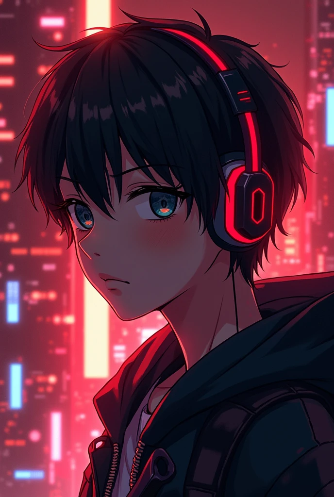 A 2 anime boy half body with a reddish night city landscape background with headphones alone a boy with a serious look