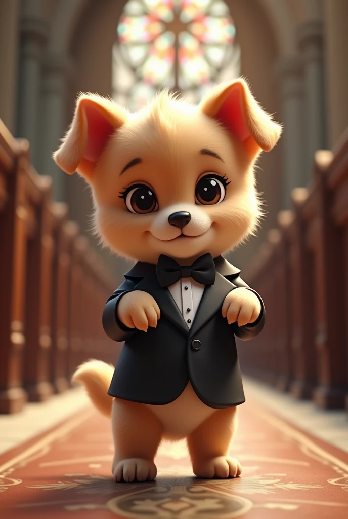 A  puppy standing facing forward with its front legs raised。
Big eyes with a cute, human-like expression。Slightly larger head than body。limbs are short。A fluffy, large tail。
Wearing a tuxedo。Glossy texture。
The background is a church

