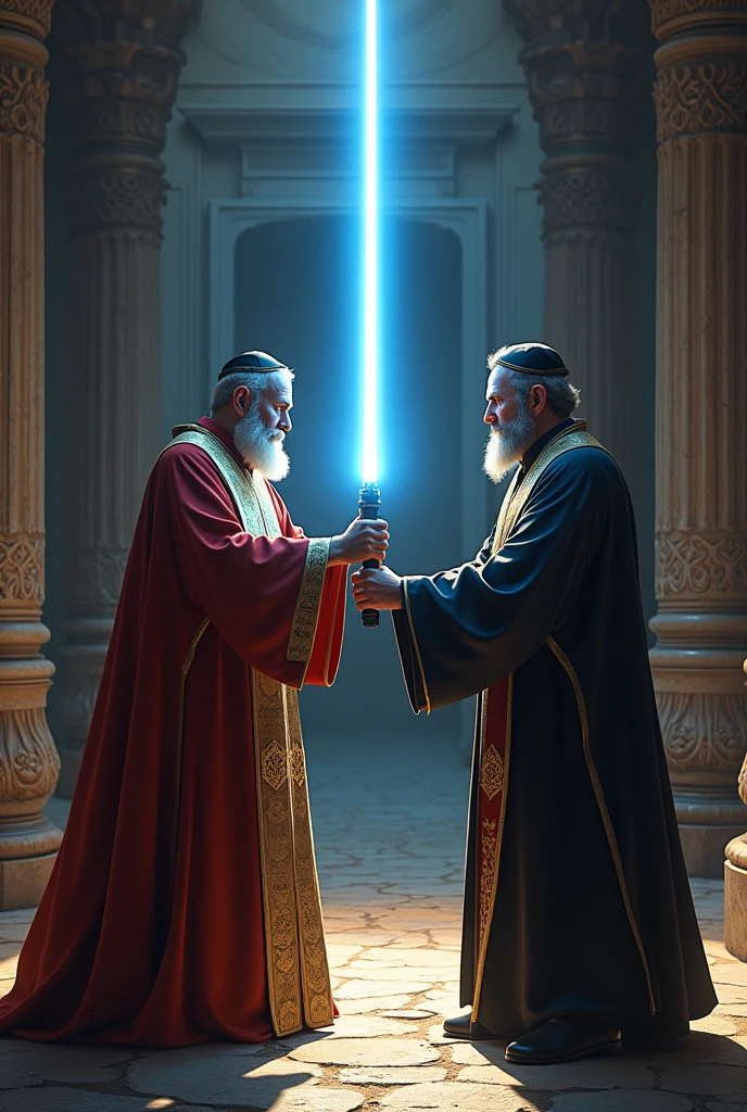 Priest fighting with lightsaber against a rabbi 