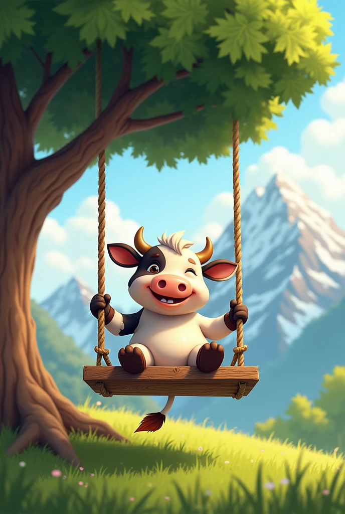 Create me a cow on a swing under a tree on a mountain