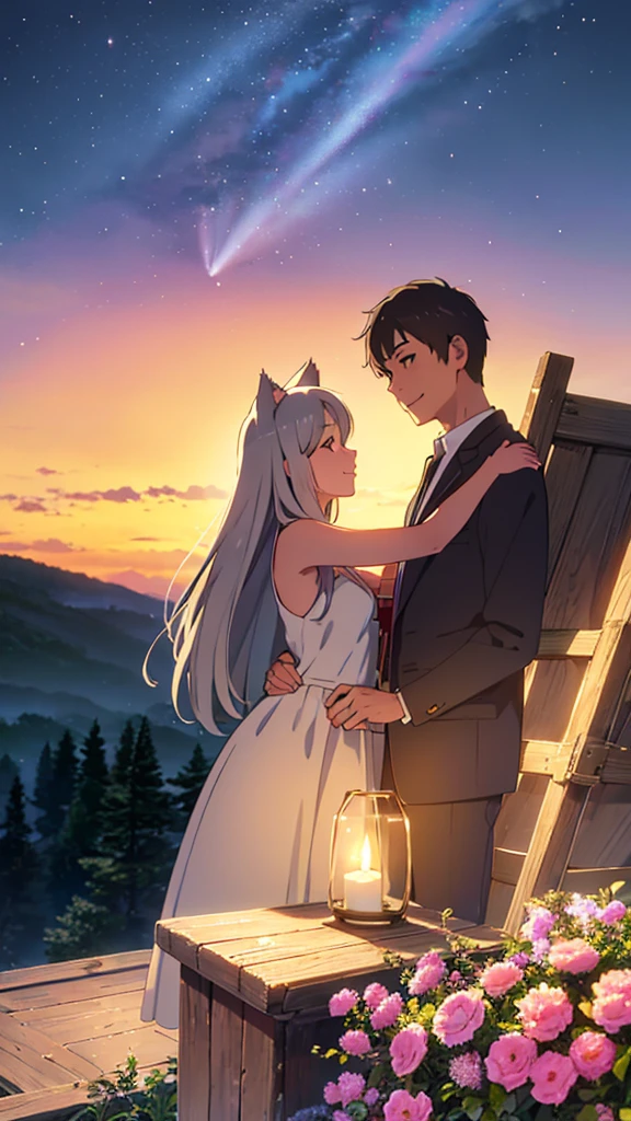 Cat ear、cute、beautiful、Gray Hair、Young couple、Top quality、masterpiece、Highest quality、smile、bright、background壮大な星空、Hugging each other、Landscape painting、background、Nostalgia、background、Summer night sky