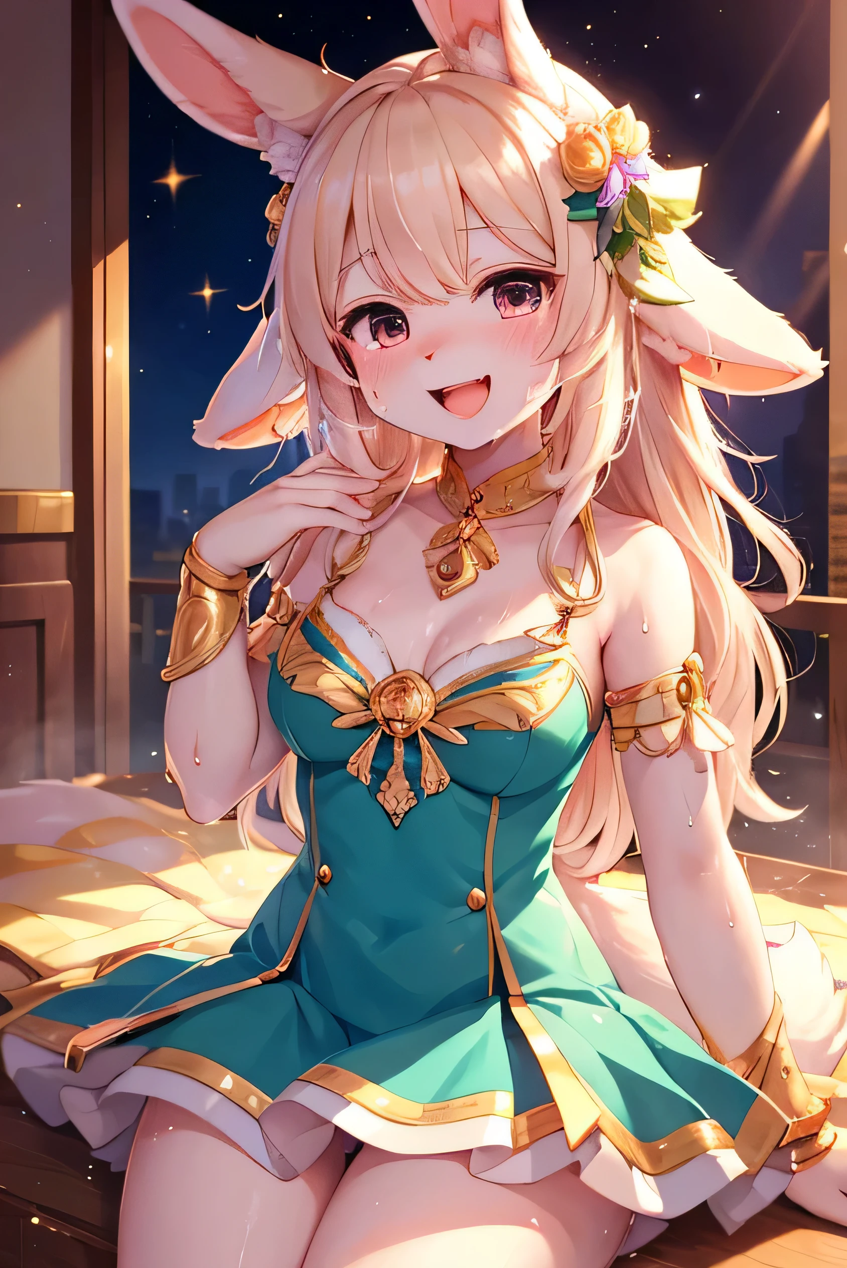 (Super Detail),((Very delicate and beautiful)),Highest quality,Highest Resolution,(Fluffy personification :1.3),rabbit girl,,smile,Open your mouth,smile,Furry,Wet Skin,Sweat、Gold decoration、Fivefold Five Lights、rainbow