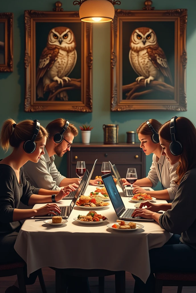 many people wearing headsets at a table with a laptop, food and wine. There are paintings of owls hanging in the background.