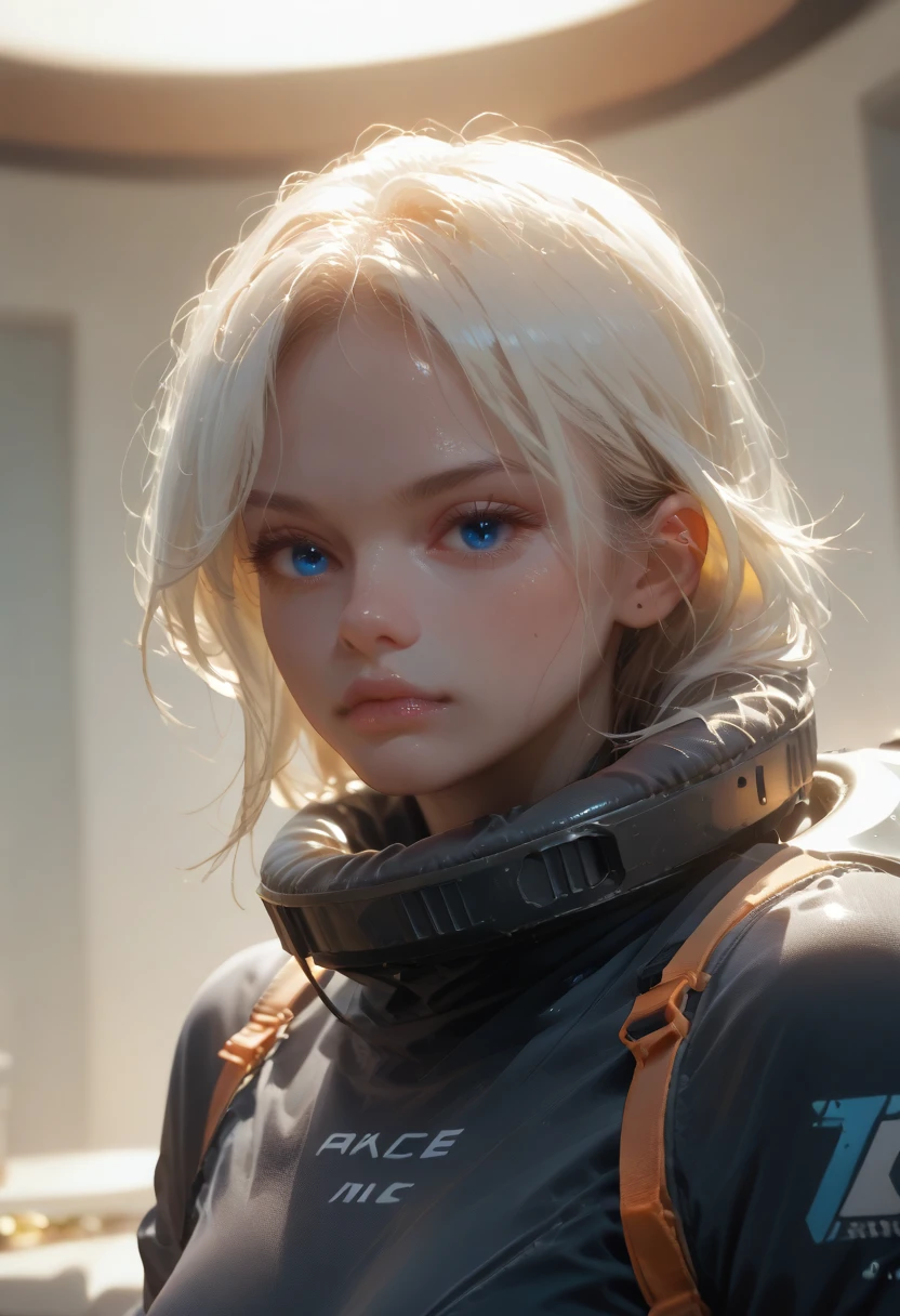 woman with ,golden-white hair,Blue eyes,,,black spacesuit