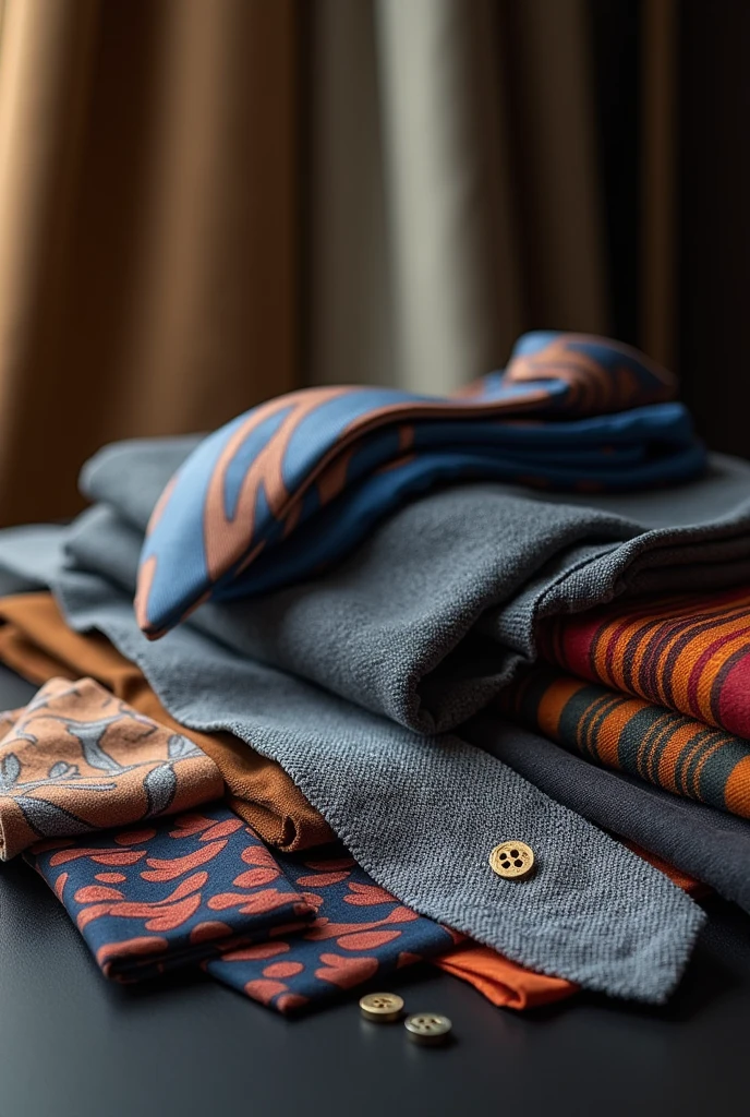 Tela and accessories**: An image showing a variety of fabrics on a table (work, today, Cotton) and accessories (ties, handkerchiefs, buttons) artistically arranged, highlighting the wealth of options in tailoring.