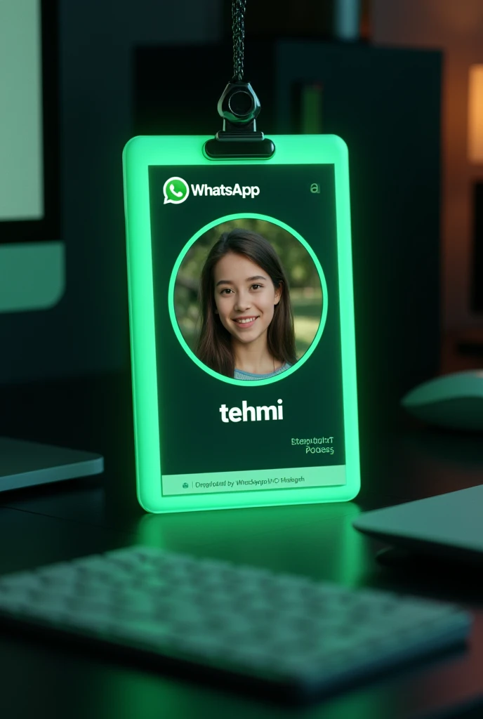create a whatsapp profile on glass id card on a black desk displaying whatsapp logo and realistic profile photo of a age GIRL in circle and "TEHMI" is written in bold fonts under the profile photo, the whatsapp card is glowing in green color on the edge. INFO