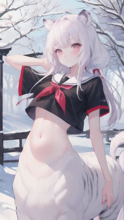 (best quality, masterpiece), 1 girl, centaur, I beg, White skin, Japanese schoolgirl,daughter,black pink, exposing the abdomen, belly button t-shirt , beautiful girl perfect, White tiger photo, perfect winter photo