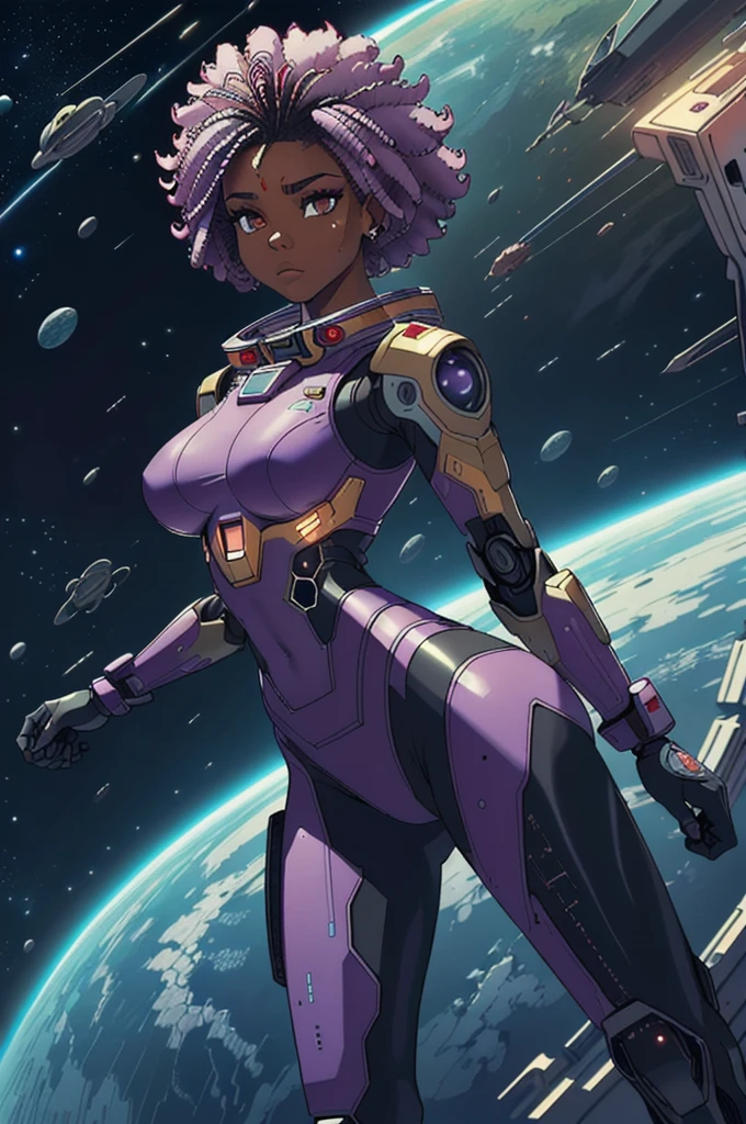 (masterpiece, top quality, best quality, official art, afro queen warrior very beautiful and gorgeous, super sexy and aesthetic:1.2), (1ebony intense erotic girl in action), (fractal art:1.2),absurdres, highres, ultra detailed, Ultra-precise depiction, Ultra-detailed depiction, solo, (zentangle:1.2), red eyes, floating purple hair, (skinny, thin body: 1.2), tanned skin, shiny skin, big ass, big tits, (abstract:1.2),cbpkv5, pantyhose,looking at viewer, full best body, sensual cyberpunk astronaut robot, complex muscular robot, halo, in a mistery, dangerous and savage planet in a sci-fi very intense combat in space battle