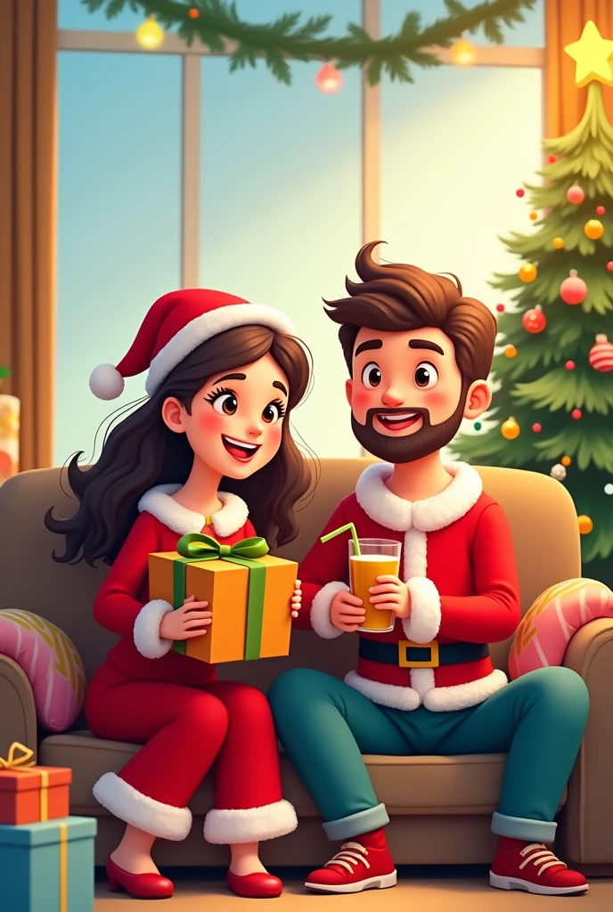  A cartoon couple wearing Christmas clothes with a Christmas tree next to them They sit on a sofa, the woman holds a gift, and the man holds a glass of juice. 2d drawing with  outline 