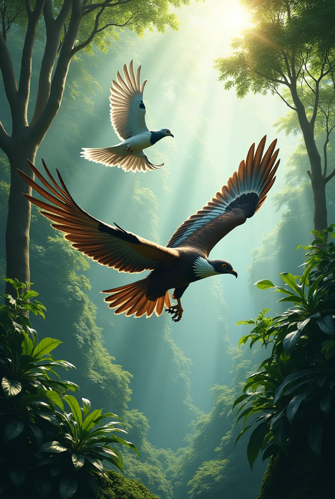 Pigeon and eagle flying over jungle