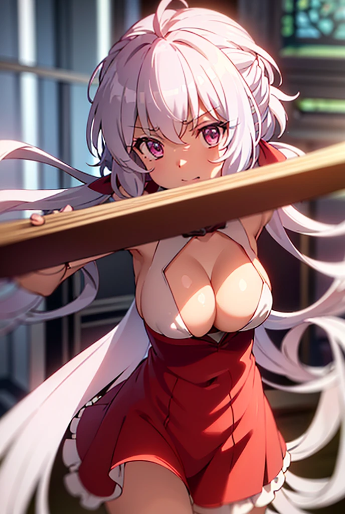 ((masterpiece)), ((Best quality)), (high resolution), (illustration), (an extremely delicate and beautiful), (ultra detailed beautiful face and eyes), nsfw, 1girl, leaning forward, YukineChris, long hair, purple eyes, twintails, low twintails, ahoge, large breasts, fishnet pantyhose, red a bow tie, volumetric lightning, detailed skin texture, detailed, volumetric shadow, anime screencap,Highest quality, Sorceress, ancient babylonian nobility, ((tan skin:1.2)), (brown skin color),Long hair, twin braids, hair ornament, wine colored hair, smile, Below average size breasts, bare shoulders, (underboob:0 Legs apart、Ready your gun?、Stretching arms forward to accentuate cleavage 8K, masterpiece, Best_quality, high_resolution, ultra_details, detailed, 1girl, 独奏, looking_at_viewer, upper_body, indoors, braid, blurry, bangs, white_hair, blurry_background, collared_shirt, church, hair_ribbon, hair_between_eyes, stained_Glass,sidelocks, depth_of_field, light_particles, window, french_braid, Alphonse Mucha Style, sharp focus, perfect hands, perfect face, perfect eyes, perfect light, dynamic light, natural light, Masterpiece, Best quality, red dress