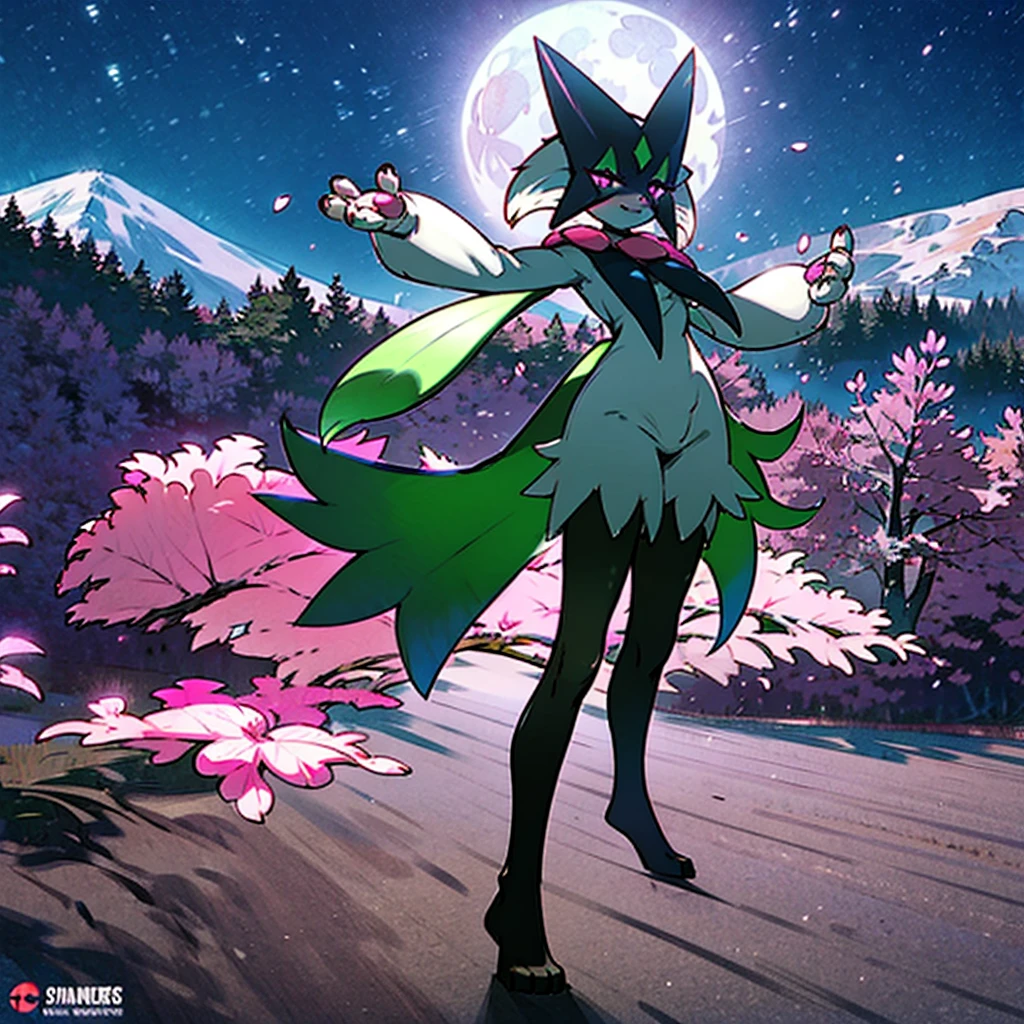 Female Meowscarada,mid breast,solo,pokemon,standing And shrugged pose,smile,night sky, Standing under the cherry blossom tree, around Flower field ,pink glowing eye,full body, blue moon and mountain background