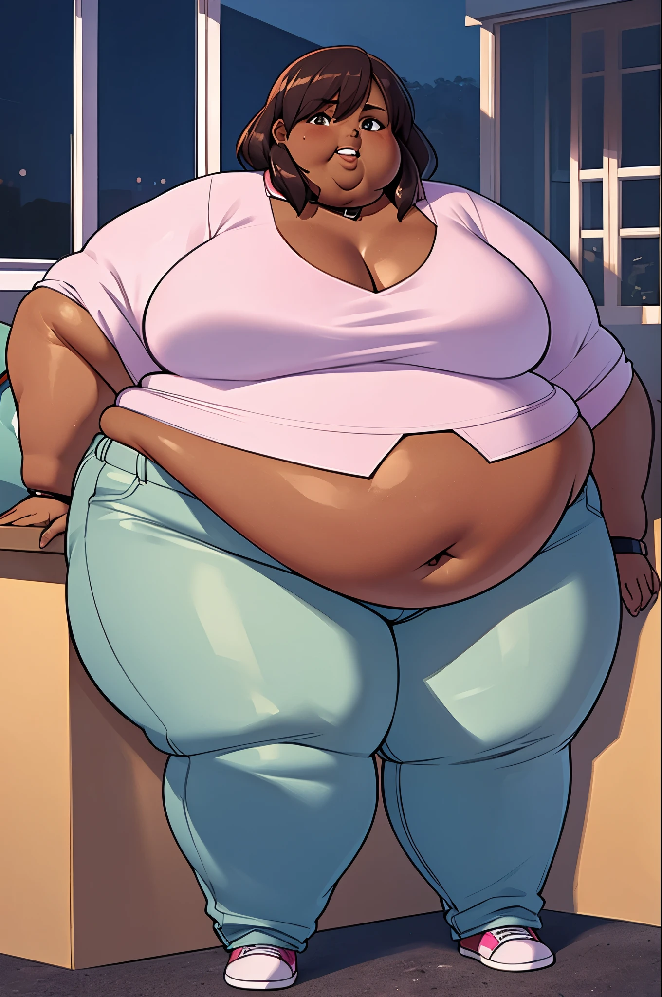 Extremely obese African-American woman, belly hanging, ((extremely obese)), belly sagging, loose collar on shirt, wearing a pink crop top with long sleeves and loose jeans, (dark brown skin), fat blob, fat arms, fat face, fat limbs