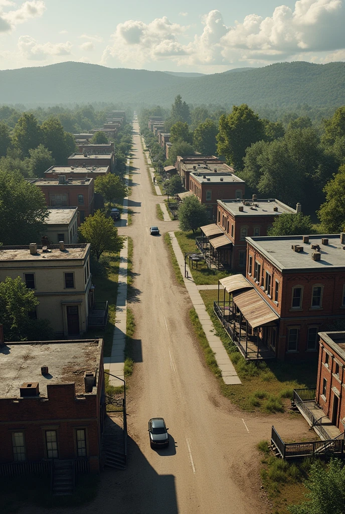 (photorealism:1.2), a town similar to Alexandria from The Walking Dead, surronded by a short wall made of scrapped metal. The town is big enough for 300 people to live in. Classic american town in the 2000´s