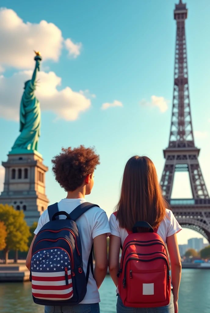 The country of the USA in the background with the Statue of Liberty and next to it the country of France in the background with the Eiffel Tower, 2 real students with backpack happily admiring.