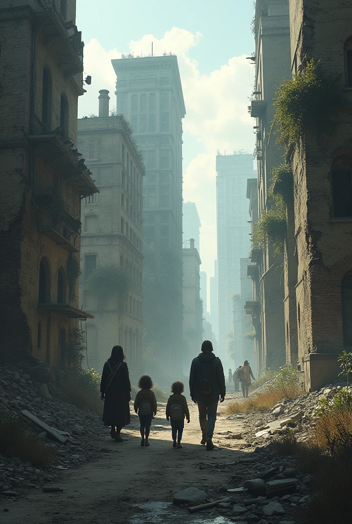 Broken buildings with a people and children 
With a tall and short buildings 