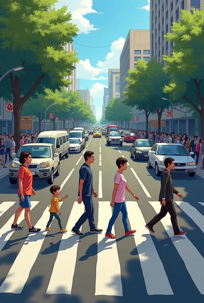 People crossing a pedestrian crossing from right to left and from left to right. while motorcycles and cars wait.
