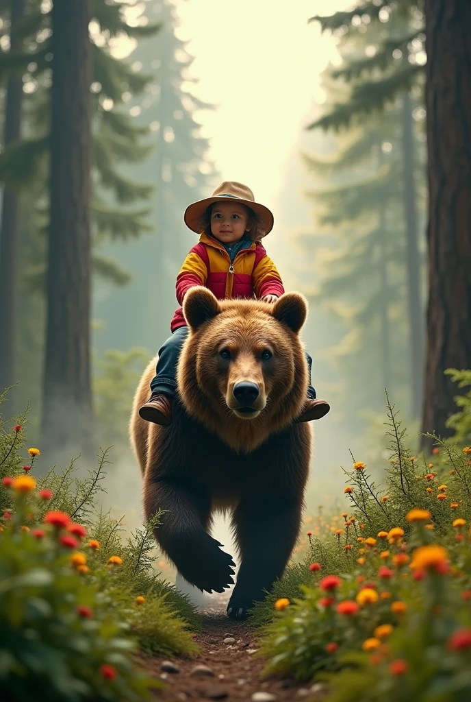 (masterpiece:1.2, Highest quality, Ultra-high resolution, Very detailed, Realistic, RAW Photos:1.2, Elaborate photos), 8k, wallpaper, (Ray Tracing), (Child riding a large grizzly bear through a dense, misty forest), (Child wearing a colorful raincoat and a wide-brimmed hat, bear’s fur glistening in the mist), (Sunlight filtering through tall pine trees, lush green ferns and moss covering the forest floor, a trail of wildflowers following their path), A photo that captures the adventurous spirit of a child exploring the forest atop a powerful grizzly bear, rich in natural details and atmospheric light.