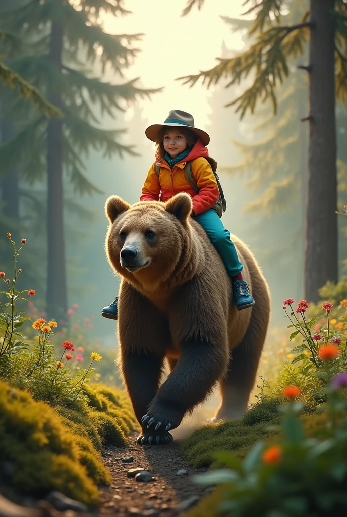 (masterpiece:1.2, Highest quality, Ultra-high resolution, Very detailed, Realistic, RAW Photos:1.2, Elaborate photos), 8k, wallpaper, (Ray Tracing), (Child riding a large grizzly bear through a dense, misty forest), (Child wearing a colorful raincoat and a wide-brimmed hat, bear’s fur glistening in the mist), (Sunlight filtering through tall pine trees, lush green ferns and moss covering the forest floor, a trail of wildflowers following their path), A photo that captures the adventurous spirit of a child exploring the forest atop a powerful grizzly bear, rich in natural details and atmospheric light.