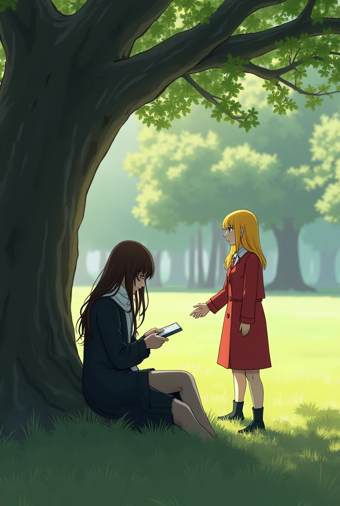 A young woman was sitting under a large tree in a public park. The young woman was wearing a black coat and a white scarf. Her long dark brown hair covered her face. Beside her was a small notebook. She seemed to be concentrating on what was in the notebook. A young woman wearing a bright red coat and white scarf with long golden hair greeted her.