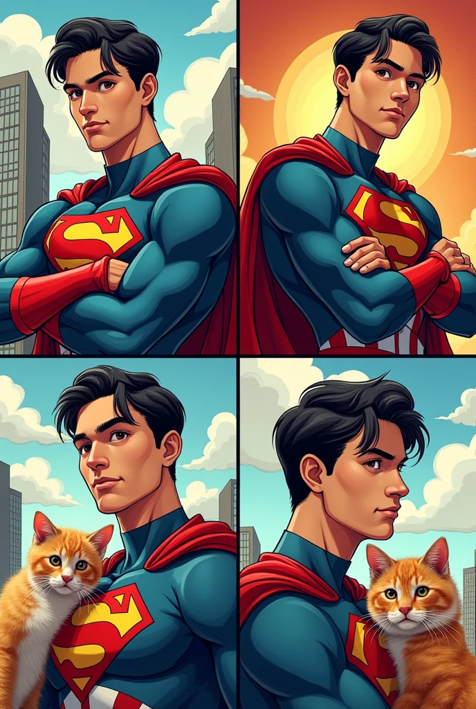 You create four images of a 20-year-old boy with no beard, medium-length black hair and dark brown eyes with the body and costume of Captain Homeland..
Create in four scenarios Him smiling crossing his arms Him bloody with red eyes from the laser They flying in the sky Him holding a cat All this in the form of a comic book drawing