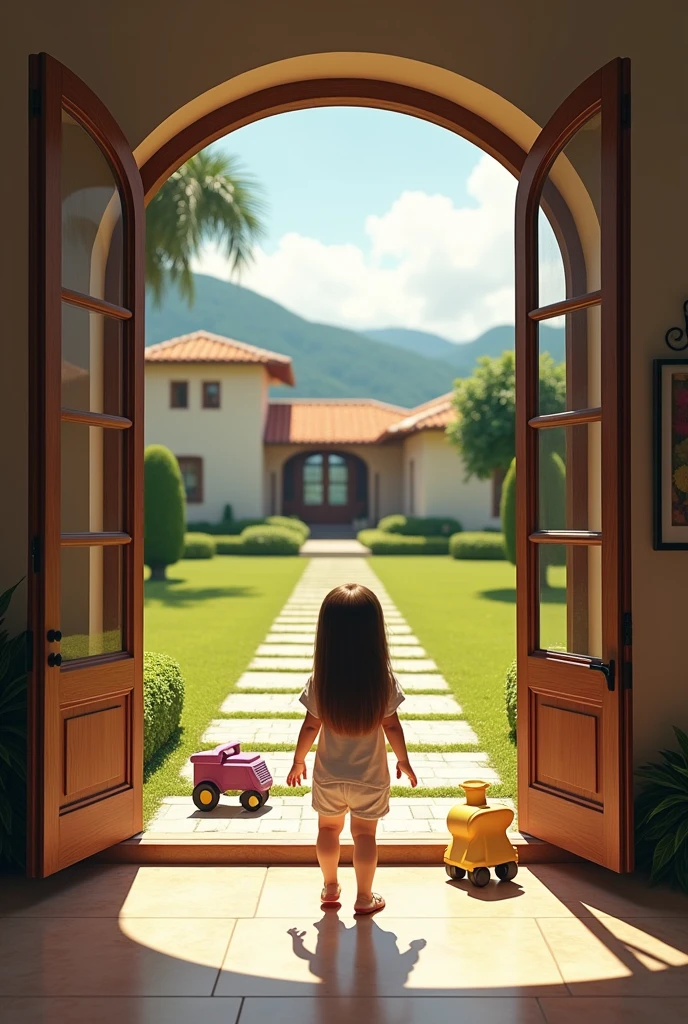 (photorealism:1.2), Generate the interior of a luxurious estate in the department of Valle del Cauca Colombia, It has to look like it was taken by a cell phone, make it more realistic but look like it was taken from an iPhone and you can see it out but I want it to look flat, and a stone path, something that looks like real life not made by AI, but change the interior a little and instead of bushes, there is grass and children's toys scattered on the floor, make the child whiter, straight, long, slightly brown hair
